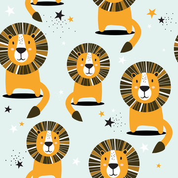 Lions, stars, hand drawn backdrop. Colorful seamless pattern with animals. Decorative cute wallpaper, good for printing. Overlapping colored background vector