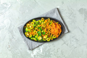 Roasted Brussels sprouts and marinated carrot chips