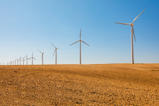 Windmills for electric power production, Zaragoza province, Aragon, Spain.
