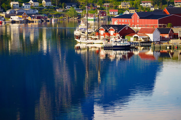 Fototapeta na wymiar Norwegian fishing village red huts, Reine Lofoten Norway