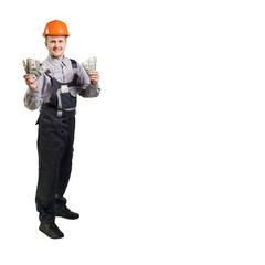 Engineer builder shows money to the camera. Payment of workers is very good. Favorable offer for repair. isolated