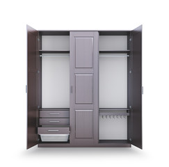 Dressing room. Open closet made of dark wood. Closet compartment. 3d illustration
