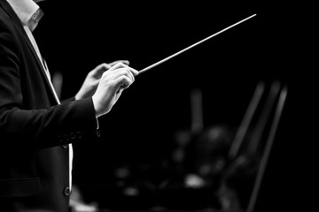  Hands of conductor closeup in black and white  - obrazy, fototapety, plakaty