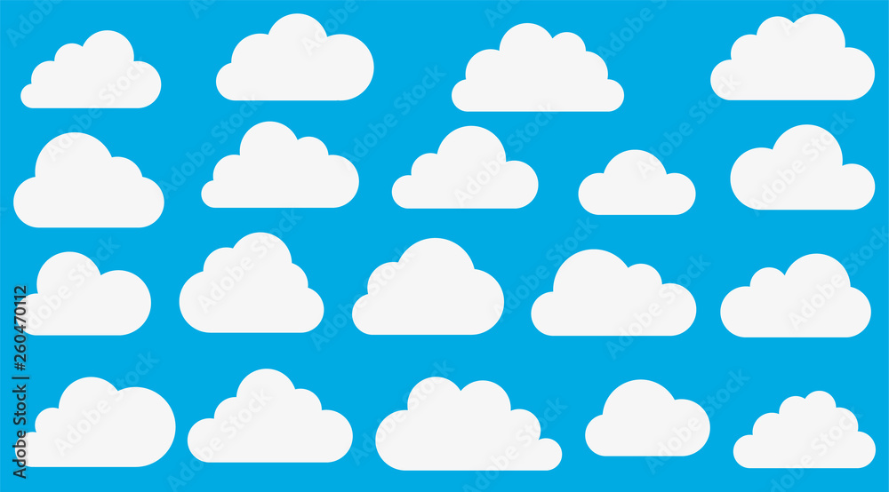 Poster cloud. abstract white cloudy set isolated on blue background. vector illustration.