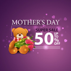 Mother's day super sale, purple discount modern banner with Teddy bear with a bouquet of tulips