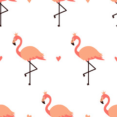 Cute cartoon style vector seamless pattern background with tropical flamingo in crown and hearts.