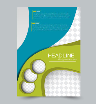 Blue and green vector flyer template. Abstract brochure design. Annual report cover background. For business, education, advertisement. Editable illustration.