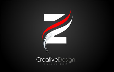 White and Red Z Letter Logo Design Brush Paint Stroke Artistic Black Background