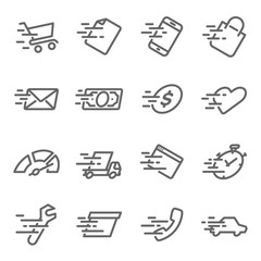 Fast Speed Icon Set. Contains such Icons as Fast Service, Delivery, Speed, Run ,Boost and more. Expanded Stroke