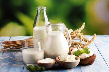 milk products. tasty healthy dairy products on a table. sour cream in a white bowl, cottage cheese bowl, cream in a a bank and milk jar, glass bottle and in a glass