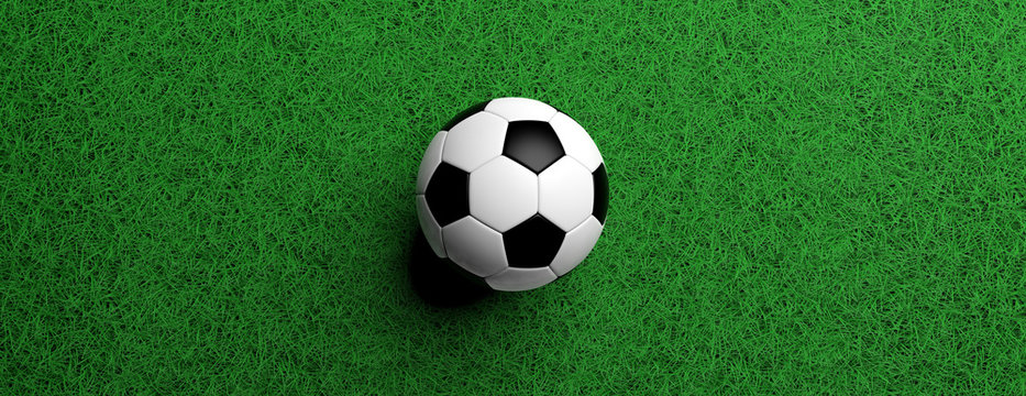 Football, soccer ball, white and black color on green lawn, 3d illustration