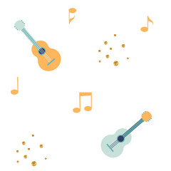 Childish seamless pattern with cute guitar, musical notes, glitter gold dots and doodles. Vector hand drawn illustration.
