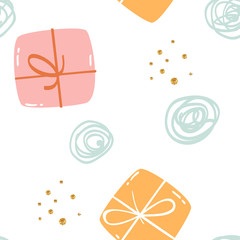 Childish seamless pattern with cute box gift, glitter gold dots and doodles. Vector hand drawn illustration.