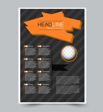 Black and orange flyer template. Abstract brochure design. Annual report cover background. For business, education, advertisement. Editable vector illustration.