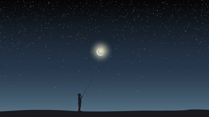 Starry sky, field, boy holding a balloon in the form of the moon.