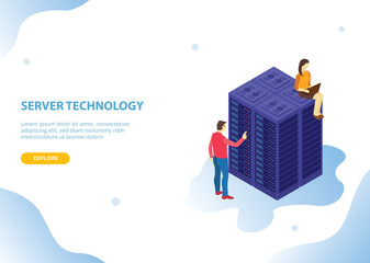 cloud server hosting technology with isometric style and people with modern blue style - vector