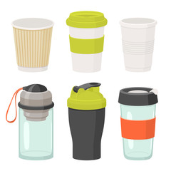 Cups and drink glasses vector icon set. Flat illustration
