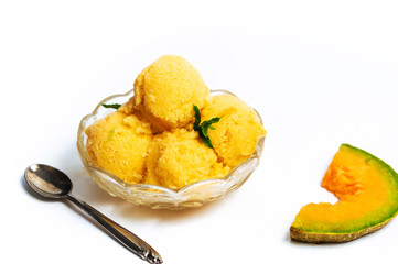 Sweet melon ice cream dessert on white