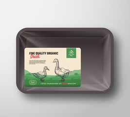 Fine Quality Organic Duck. Abstract Vector Meat Plastic Tray Container with Cellophane Cover. Packaging Design Label. Hand Drawn Duck and Goose Silhouettes Background Layout.