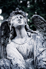 Antique stone statue of angel with sad expression that looks up.