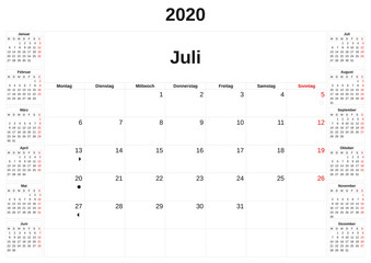 2020 a monthly calendar  with white background in German.