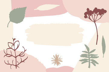 Creative elegant frame with collage style. Pastel colours and leaves silhouettes.