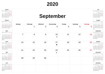 2020 a monthly calendar  with white background in German.
