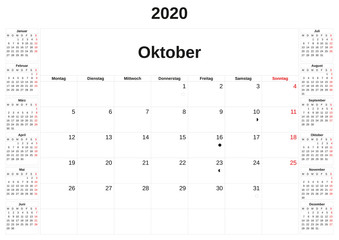 2020 a monthly calendar  with white background in German.