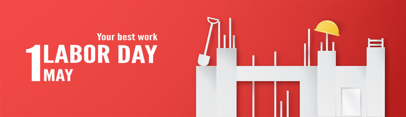 Happy Labor day on 1 May of years. Template design for banner, poster, cover, advertisement, website. Vector illustration in paper cut and craft style on red background.