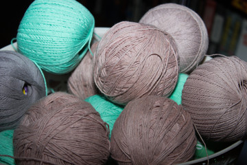  Colored balls of yarn for knitting, closeup.