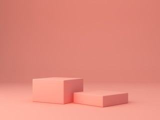 Pink coral shapes on a coral abstract background. Minimal boxes and geometric podium. Scene with geometrical forms. Empty showcase for cosmetic product presentation. Fashion magazine. 3d render. 