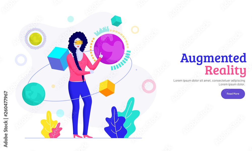 Sticker augmented reality concept with a girl interacting with imaginary universe. website banner or templat