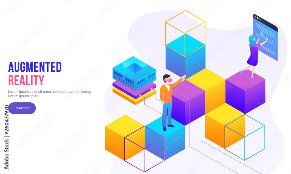 Wall mural augmented reality concept based page design with people on top of isometric blocks interact with sma