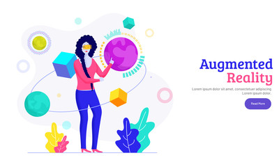 Augmented Reality concept with a girl interacting with imaginary universe. Website banner or template design.