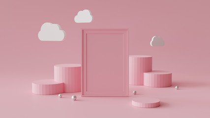 Blank picture frame with cylinder podium. Abstract geometric background for display or mockup. 3D rendering.