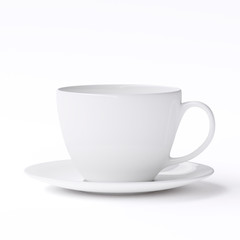 Empty white cup with saucer on white background. 3d image