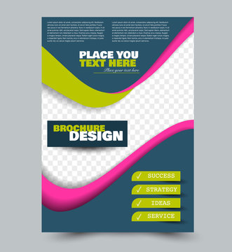 Flyer design template. Brochure layout. Blue, pink, and green color. Vector illustration.