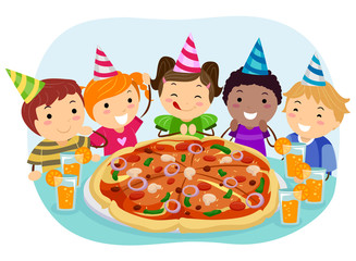 Stickman Kids Pizza Birthday Party Illustration