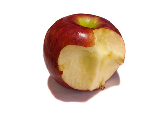 Red bitten apple close up isolated on white background