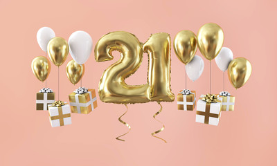 Number 21 birthday celebration gold balloon with presents. 3D Render