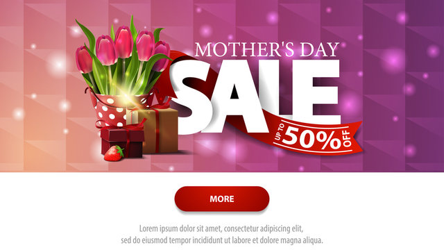 Mother's day sale, greeting purple card with beautiful lettering, frame for text, bucket with tulips and gift