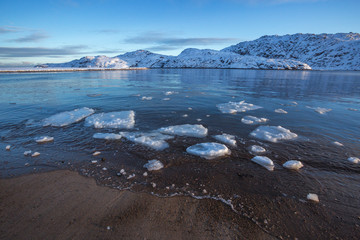 Guba Voronya, Barents Sea bay. Kola Peninsula winter landscape