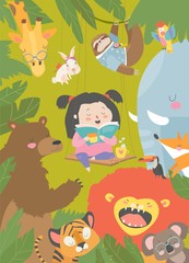 Fototapeta premium Little girl reading book with cartoon animal. Lion,tiger,giraffe,slot