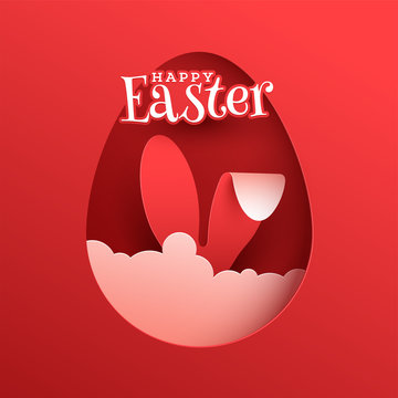 Red paper cut poster or flyer design with illustration of easter egg, bunnies ear on sky view background for Happy Easter Party Celebration.