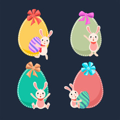 Decorative easter egg of bow tie and cartoon character of cute bunny on blue background for Easter Party Celebration banner or poster design.