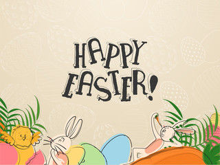 Hand draw cartoon character of cute bunny and carrot with stylish text of Happy Easter on retro style gray background for  banner or poster design.