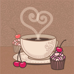 cup of coffee with cakes and cherries