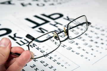 eyeglasses on the table with a font to determine of eyesight Russian version