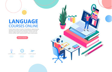 Language courses online. Background or homepage template with laptop and people studying remotely, flat style.