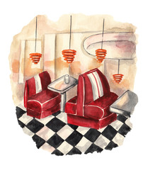 Retro diner. The interior of the American diner. Watercolor illustration on white isolated background